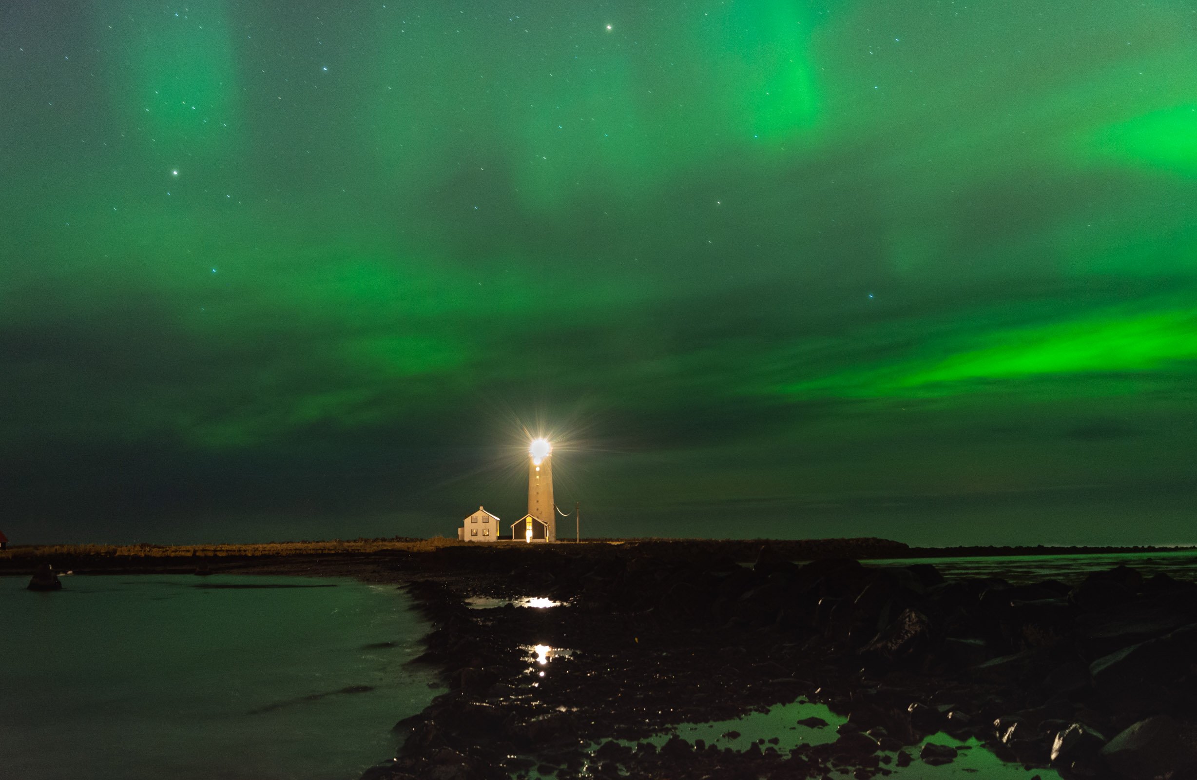 iceland, polar lights, lighthouse, исландия, северное сияние, маяк, Исаков Дмитрий