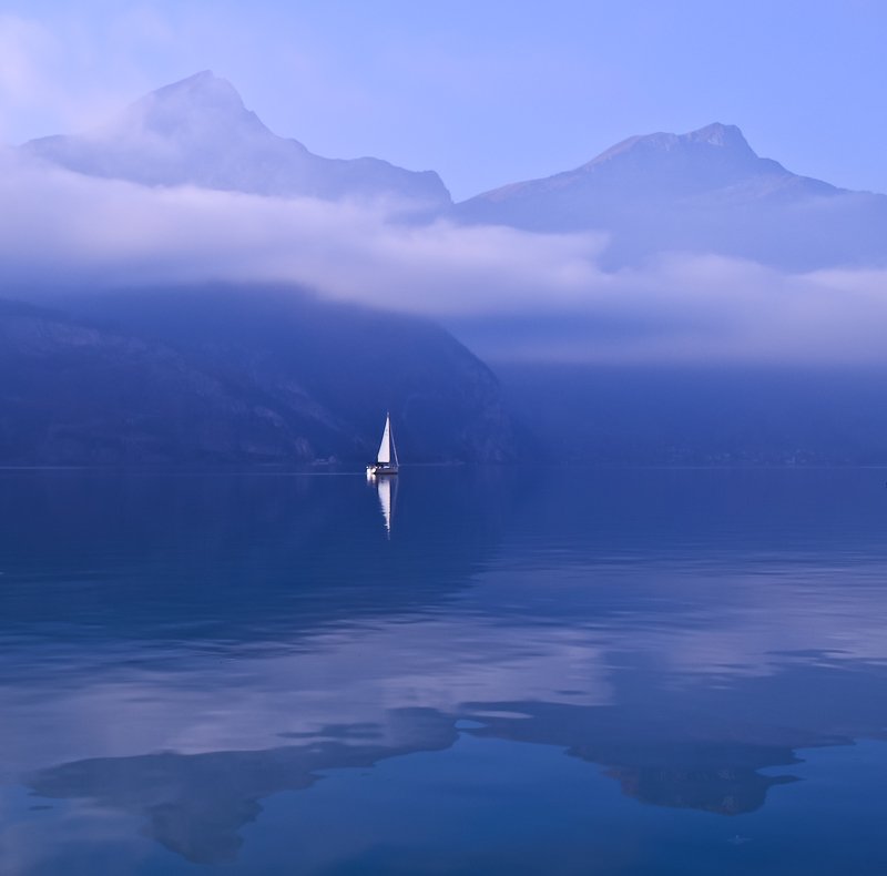 отражения., озеро., горы., яхта., швейцария, Marina Patzen