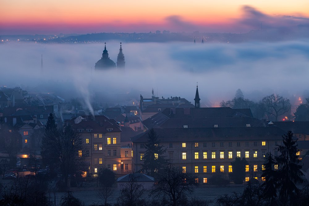 Prague, Praha, Praga, mist, fog, morning, sunrise, winter, Michal Vitasek