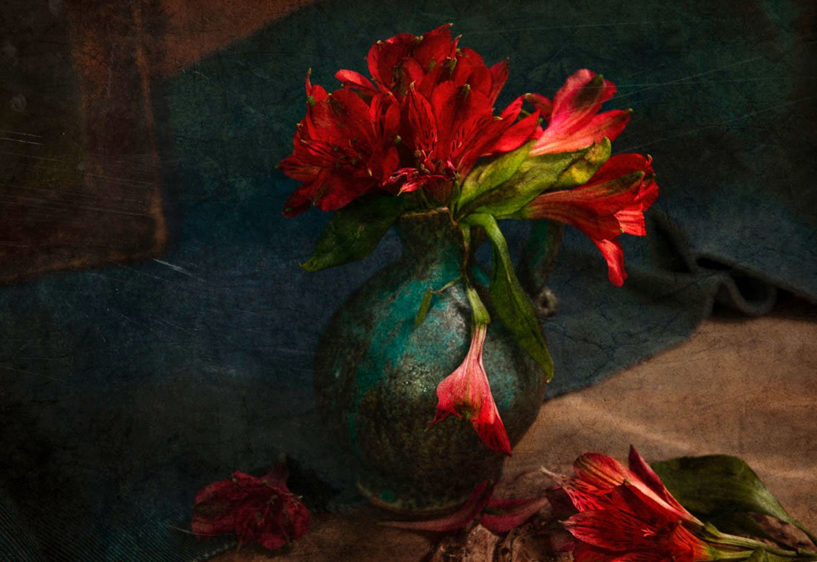 цветы, красные, кувшин, драпировка, синий, ваза, стол, лепестки, Игорь Токарев