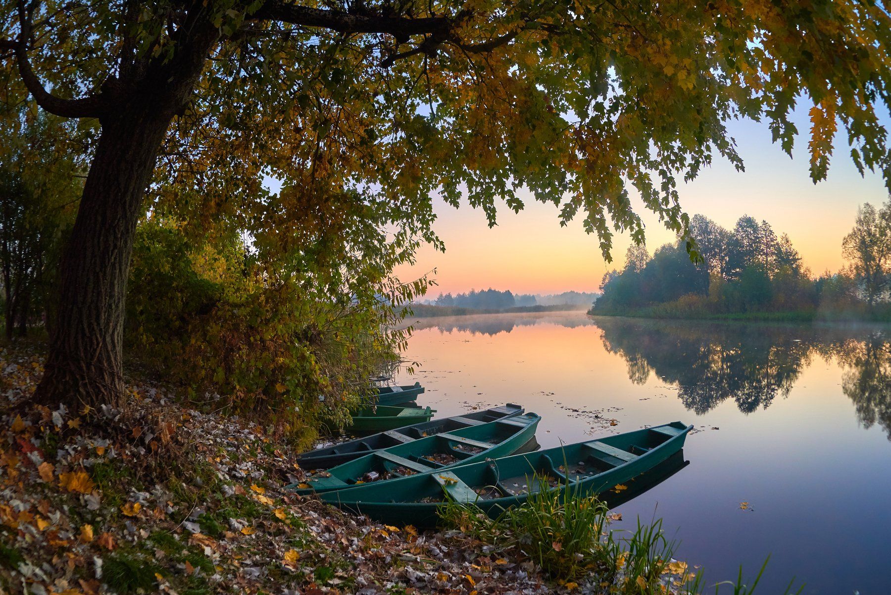 рассвет, утро, лодки, осень, река, листья, отражение, Казун Андрей