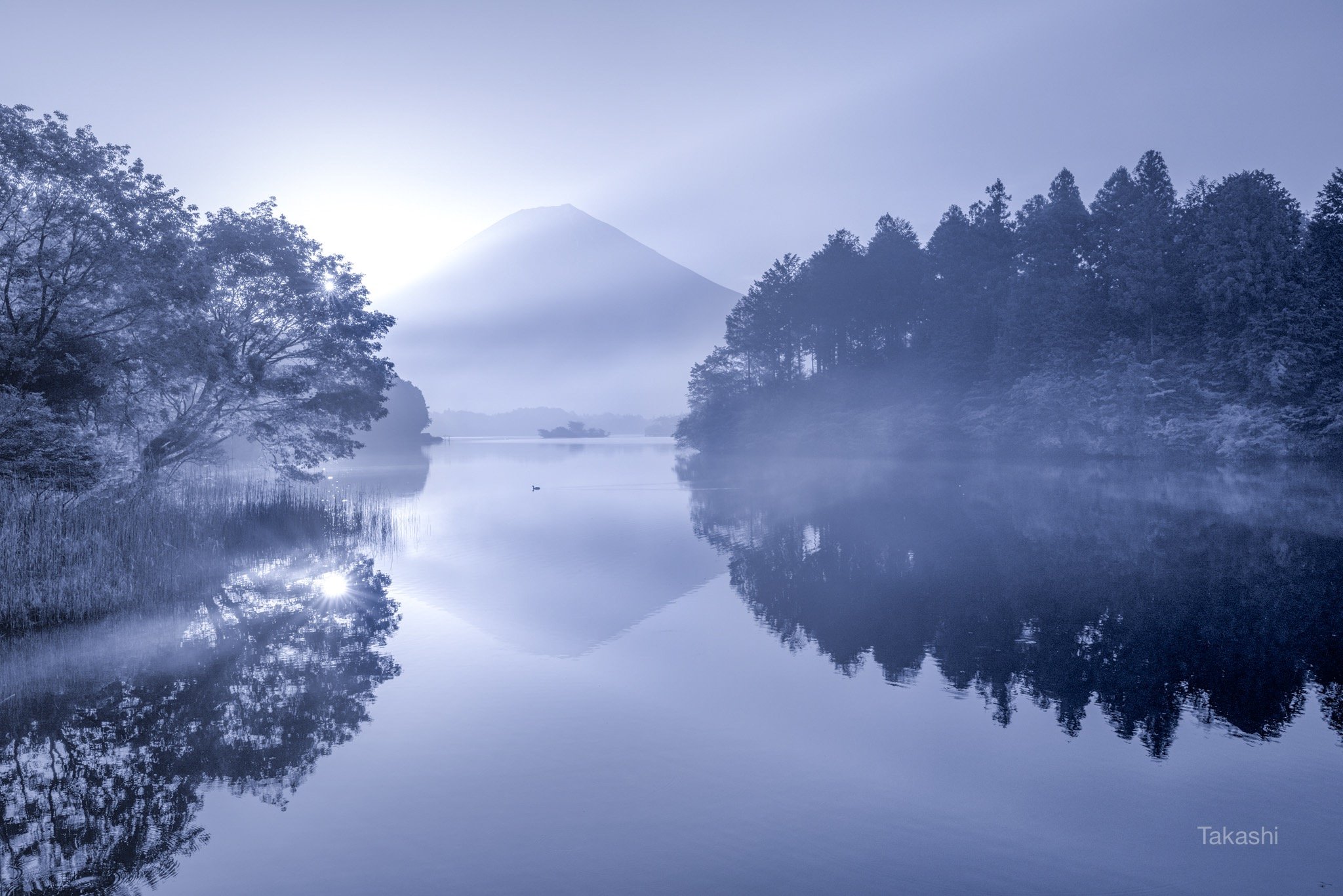 Fuji,mountain,Japan,haze,gas,reflection,water,lake,beautiful,blue,tree,, Takashi