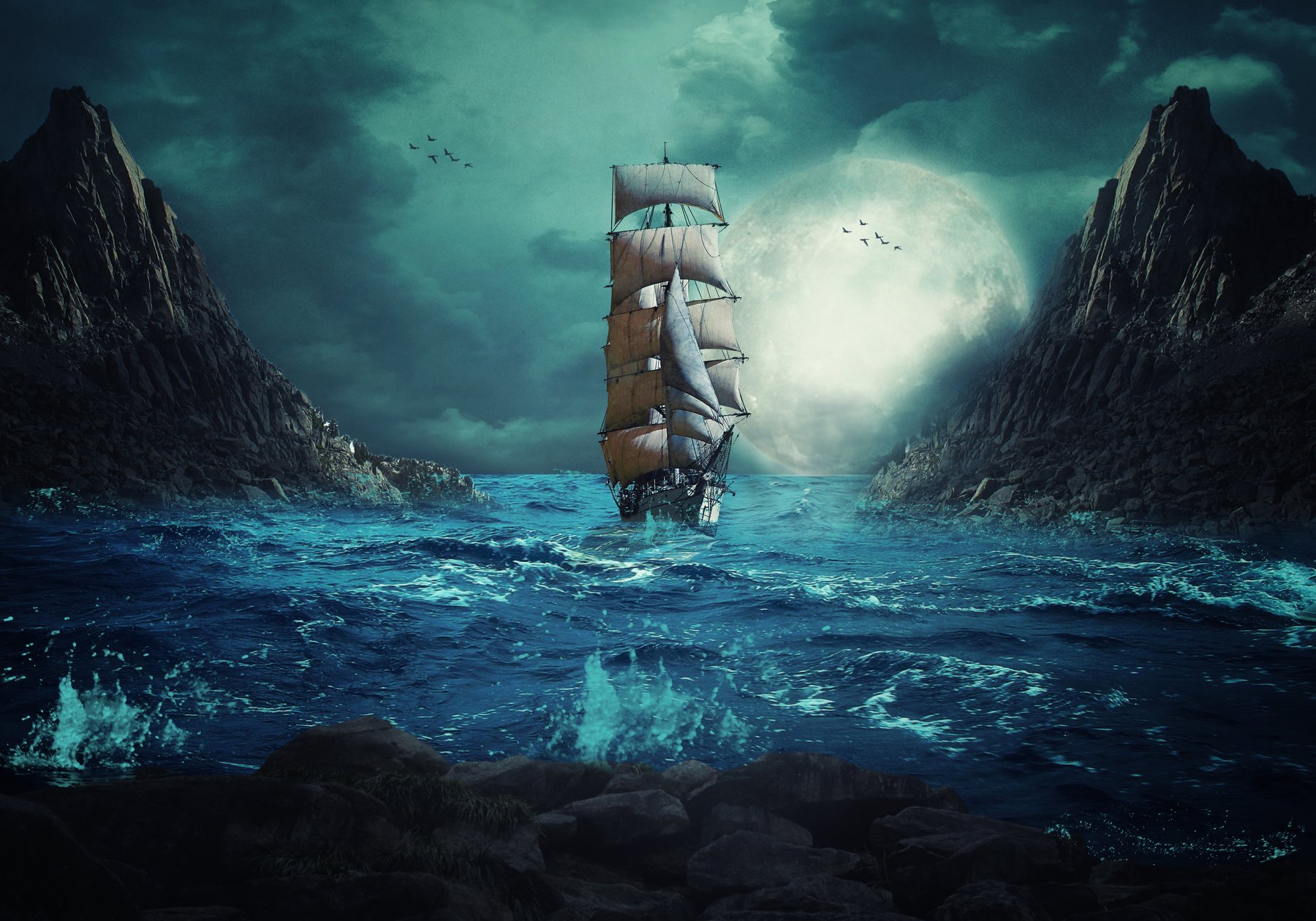 корабль, море, скалы, луна, Sergii Vidov