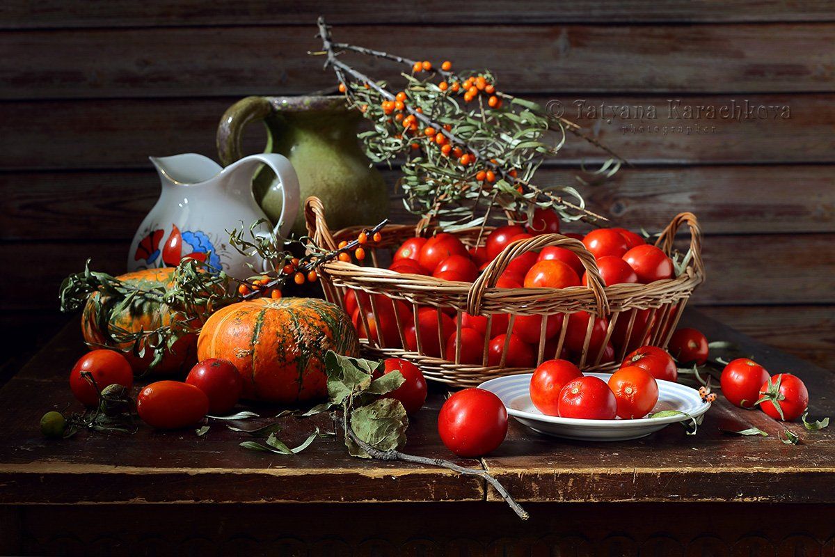 натюрморт, помидоры, томаты, облепиха, кувшин, тыква, осень, Tatyana Karachkova