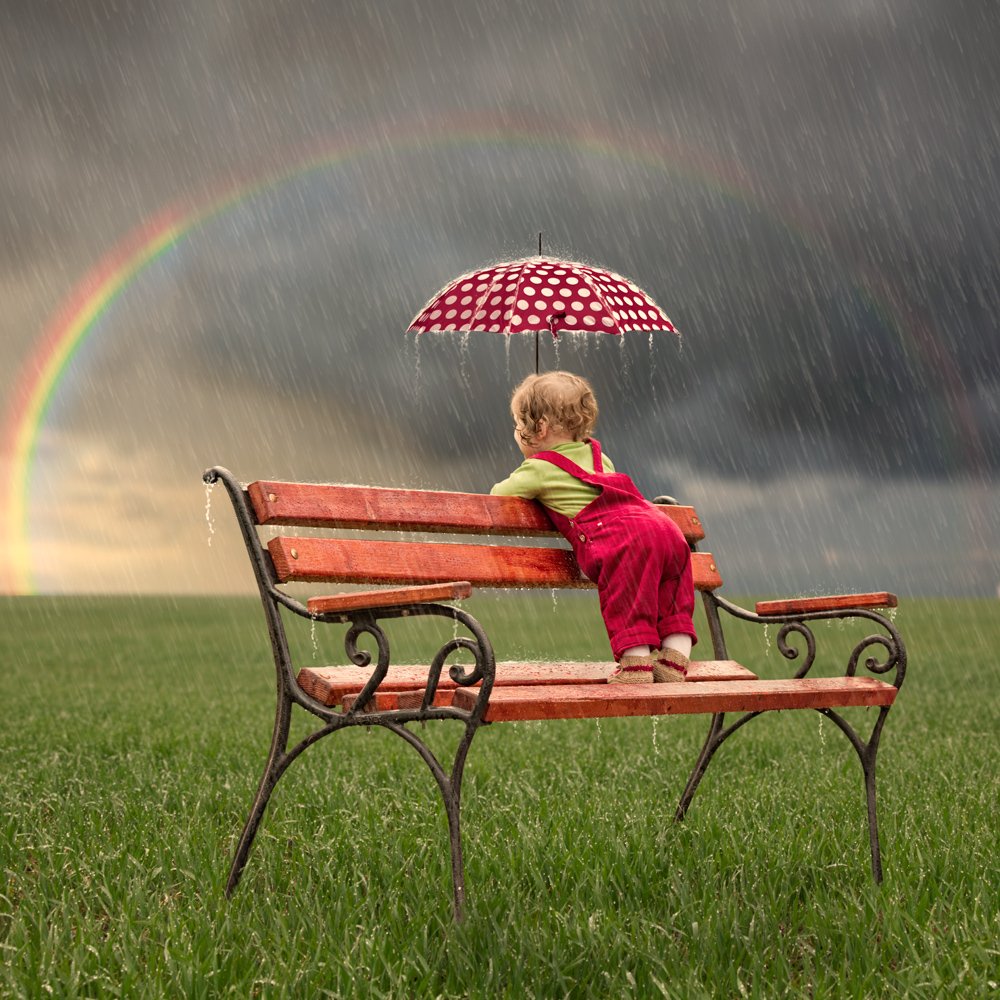 red, girl, rainbow, umbrella, water, clouds, rain, drops, bench, grass, green, little, weather, wet, ioana, caras ioana, Caras Ionut