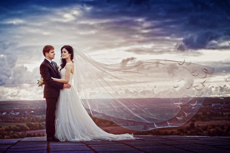 свадьба, свадебное фото, свадебная, фата, тучи, жених, невеста, пара, небо, Феофанов Дмитрий