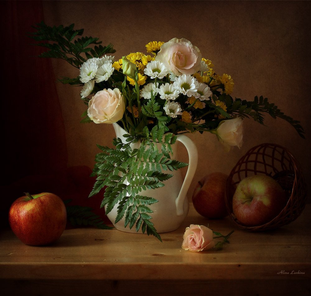 натюрморт, цветы, букет, яблоки, кувшин, Alina Lankina