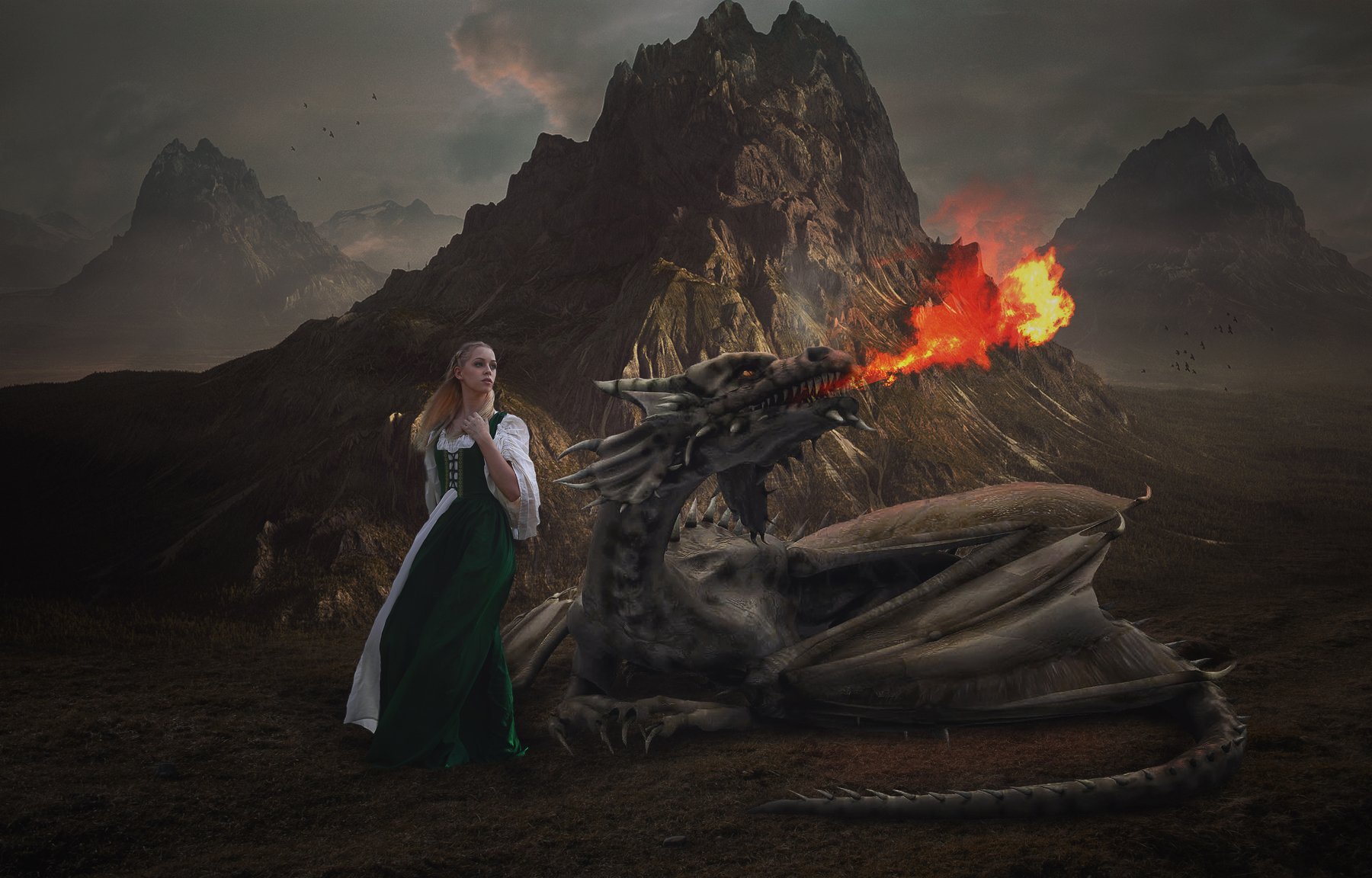 девушка, дракон, скалы, Sergii Vidov