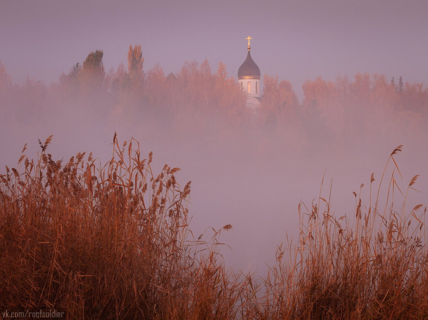 Осень, парк, церковь, туман, рассвет, озеро, Омск, Россия, пейзаж, Голубев Алексей