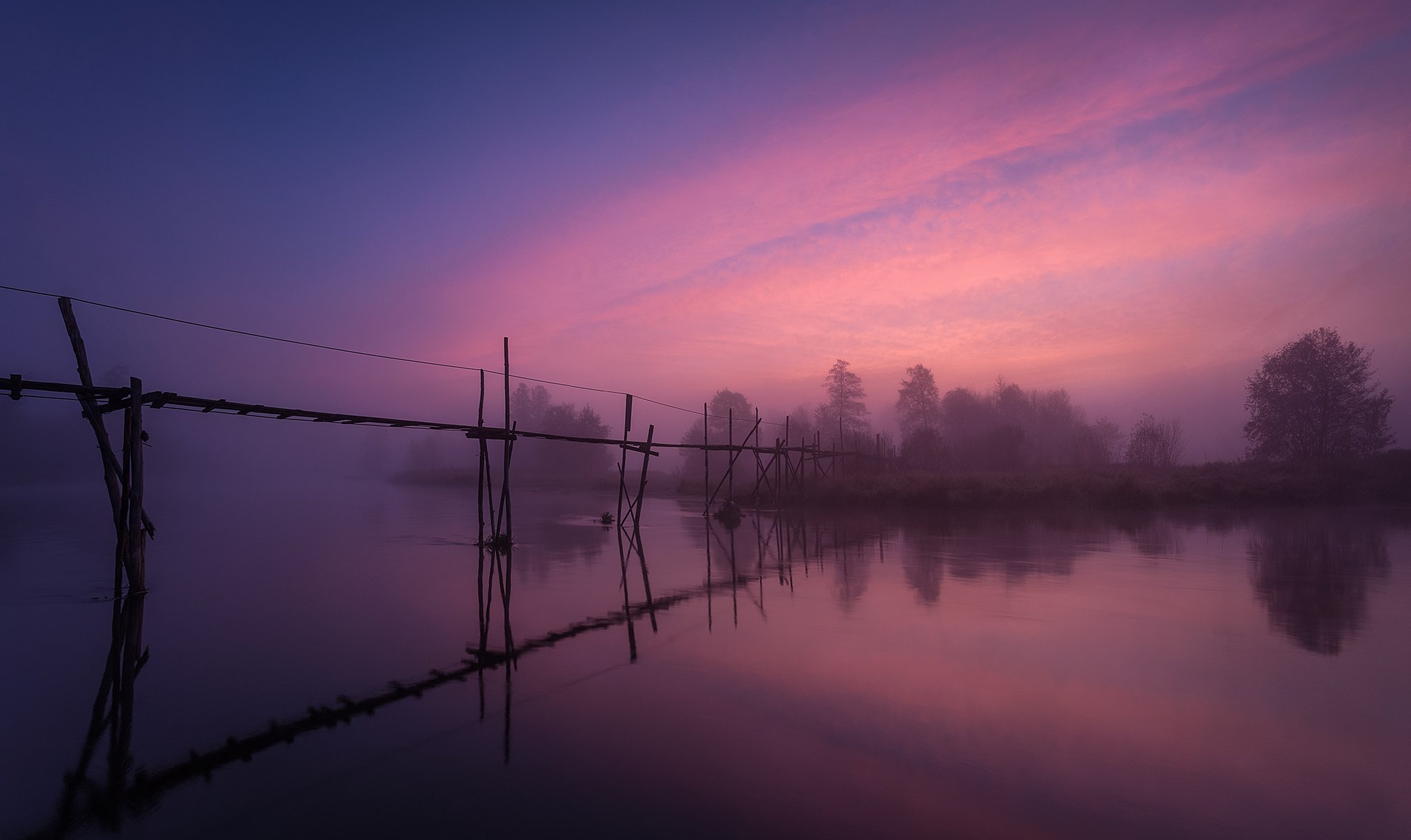 bridge, river, morning, blue, water, fog, Pawel Olejniczak