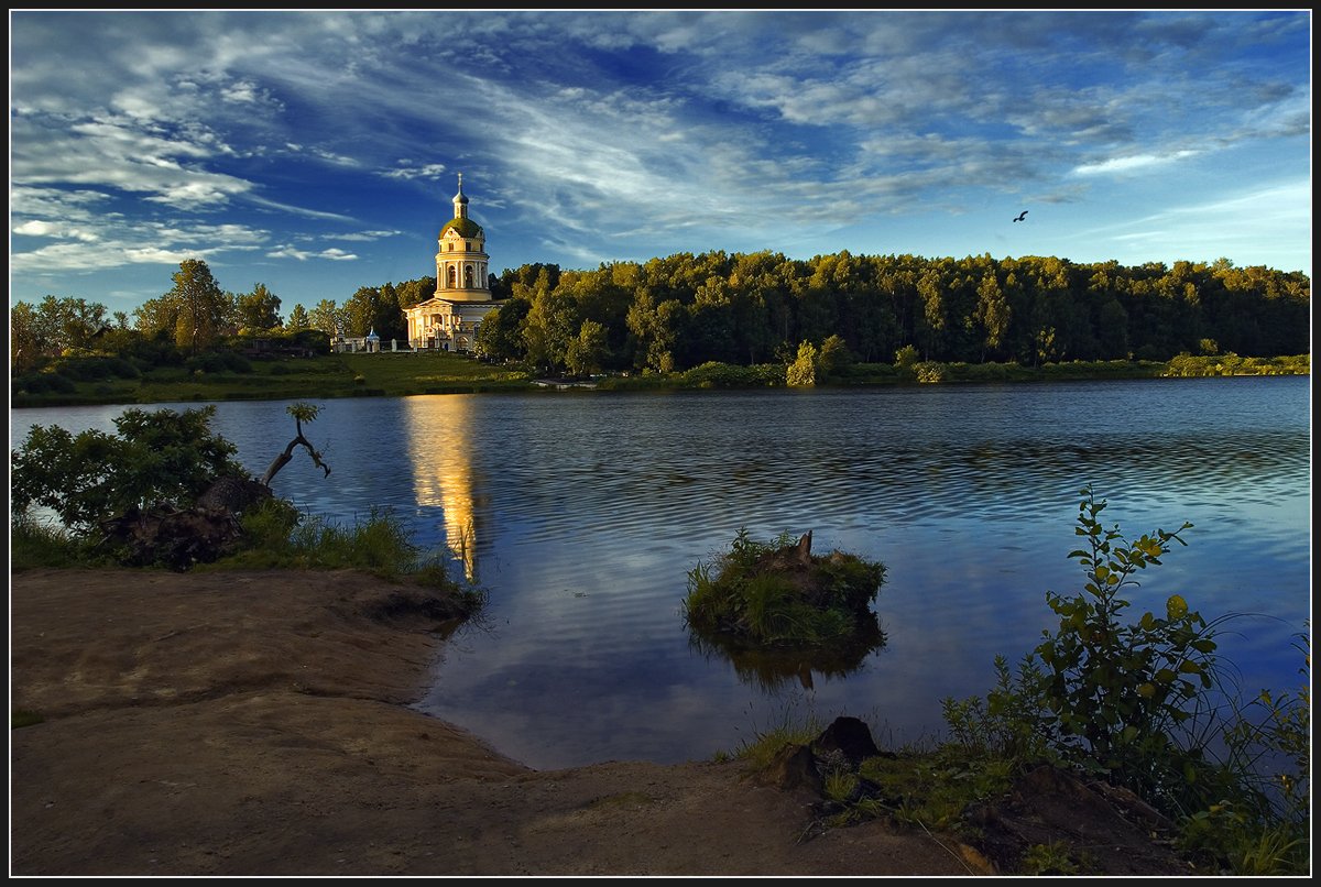 лето, вечер, озеро, церковь, Олег Дунаев