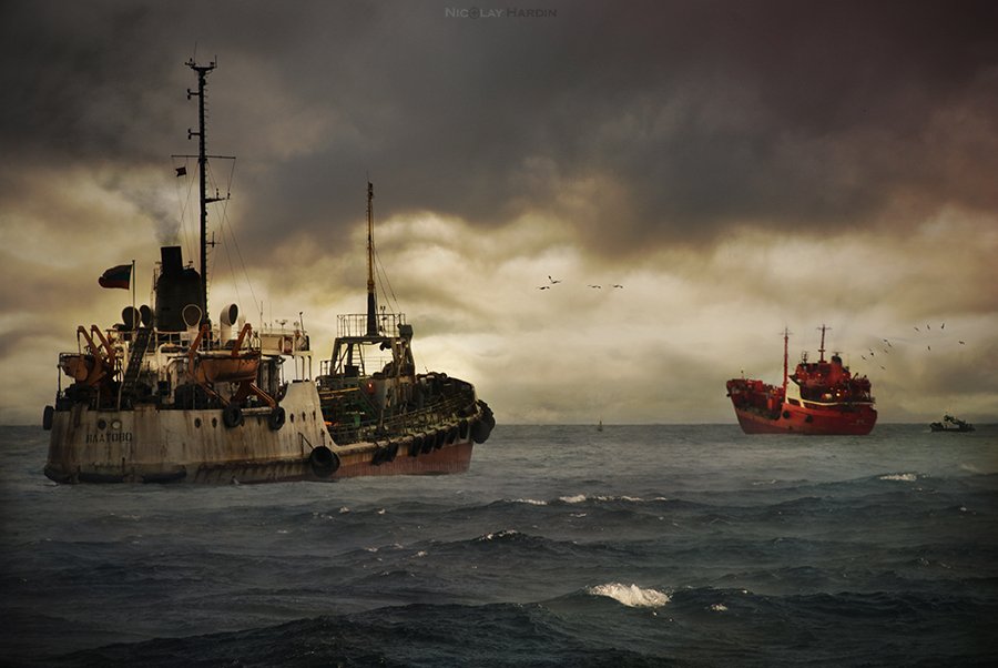 японское, море, корабли, шторм, Nicolay Hardin