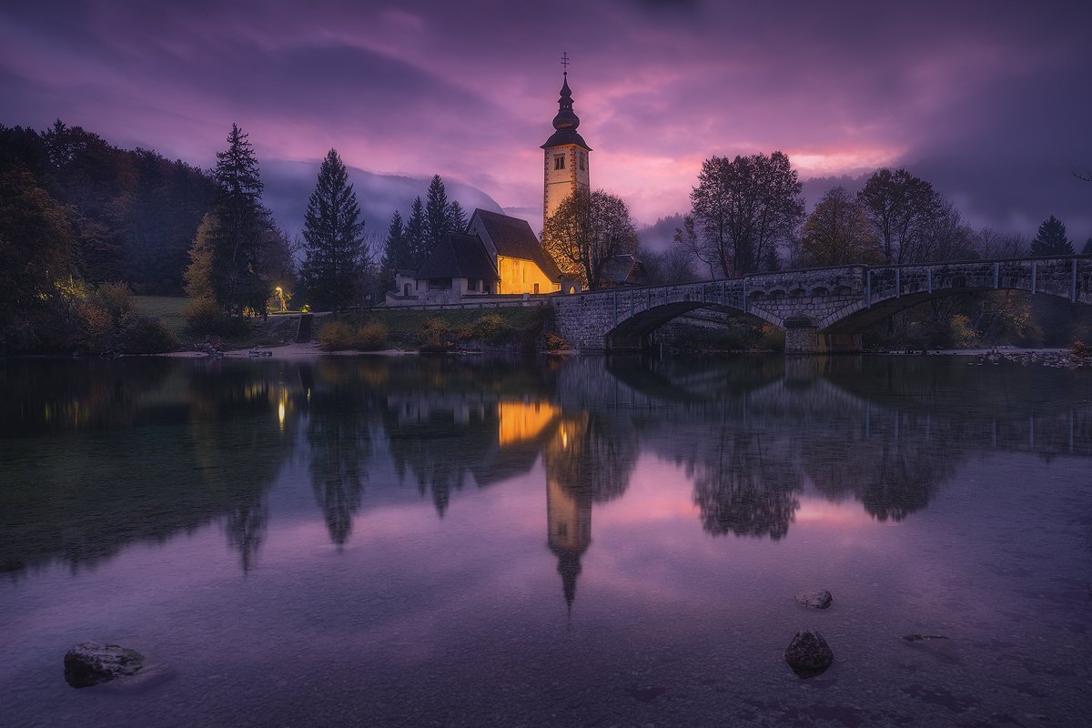 bohinj slovenija landscape sunrise clouds church reflection, Roberto Pavic