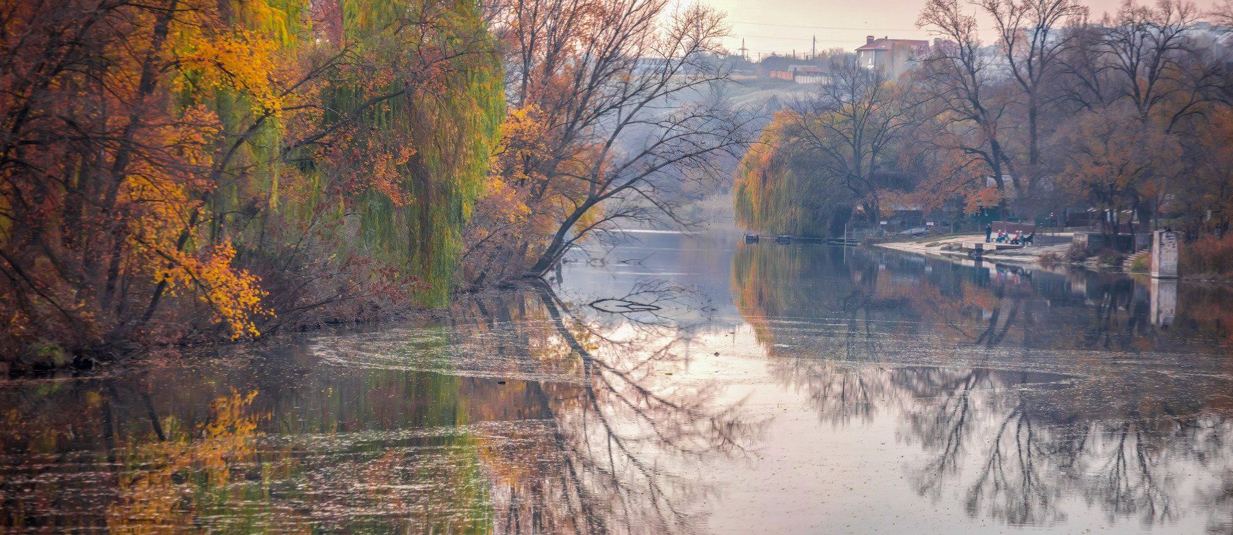 осень, город, пейзаж, панорама, река, отражения, закат, природа, Игорь Квочка