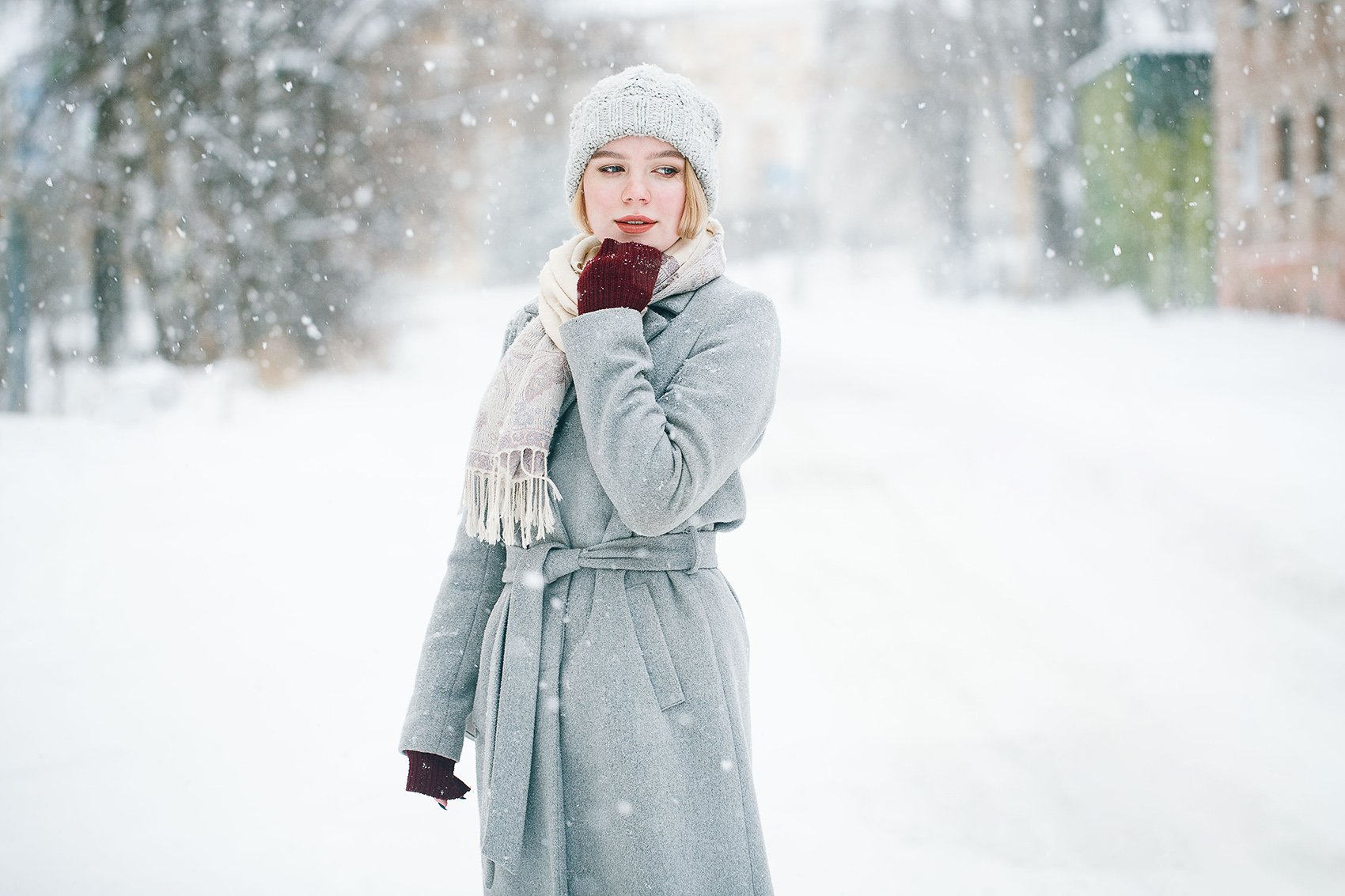 девушка, снег, улица, Евгений Толкачёв