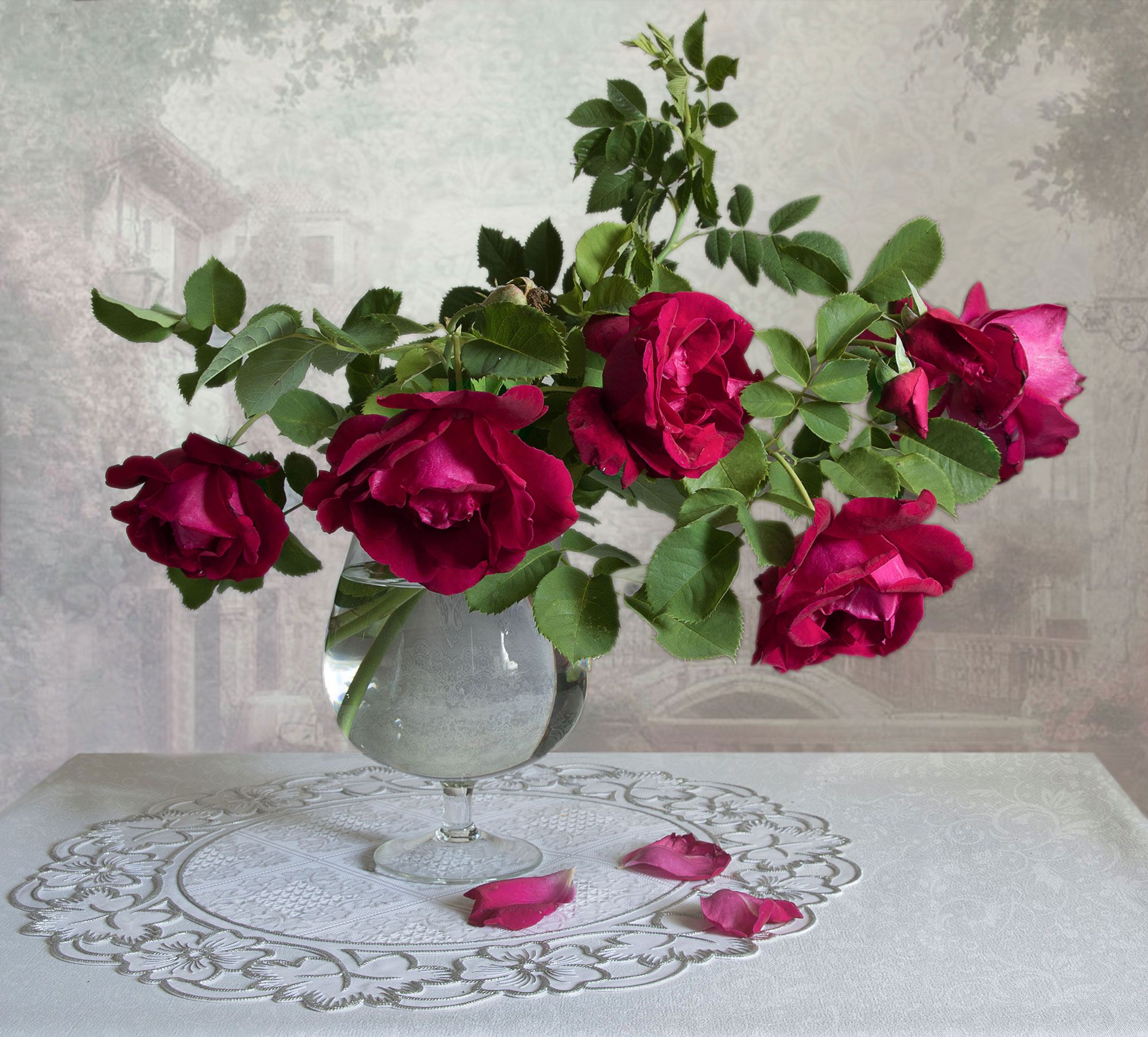 натюрморт, букет, розы, цветы, ваза, бокал, Вера Лопатина