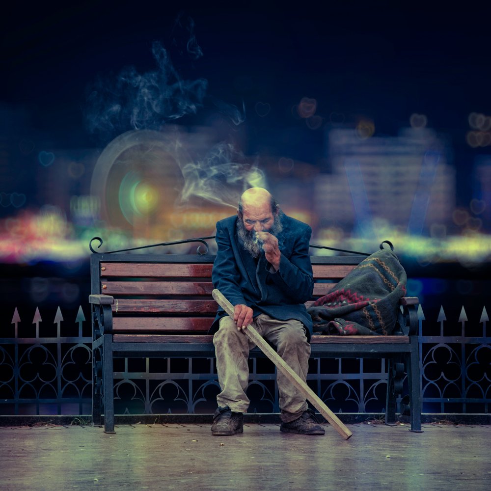 city, reflection, light, old, bench, man, alone, smoke, hearts, bags, Caras Ionut