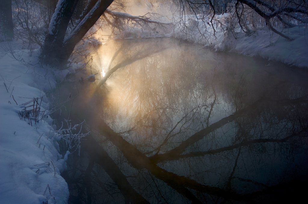 мороз, рассвет, утро, река, туман, отражения, Валерий Пешков
