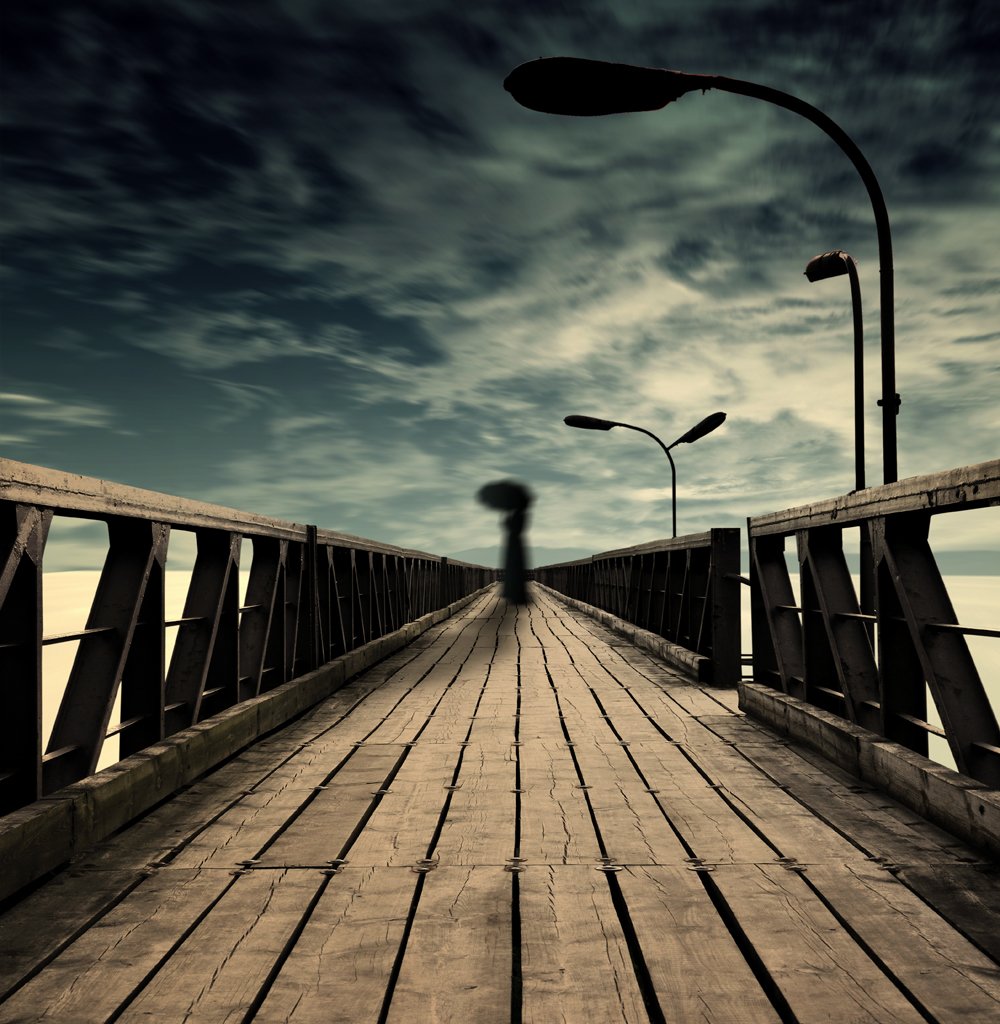 sky, light, ocean, bridge, woman, alone, pier, waiting, reflexion, drama, pole light, Caras Ionut