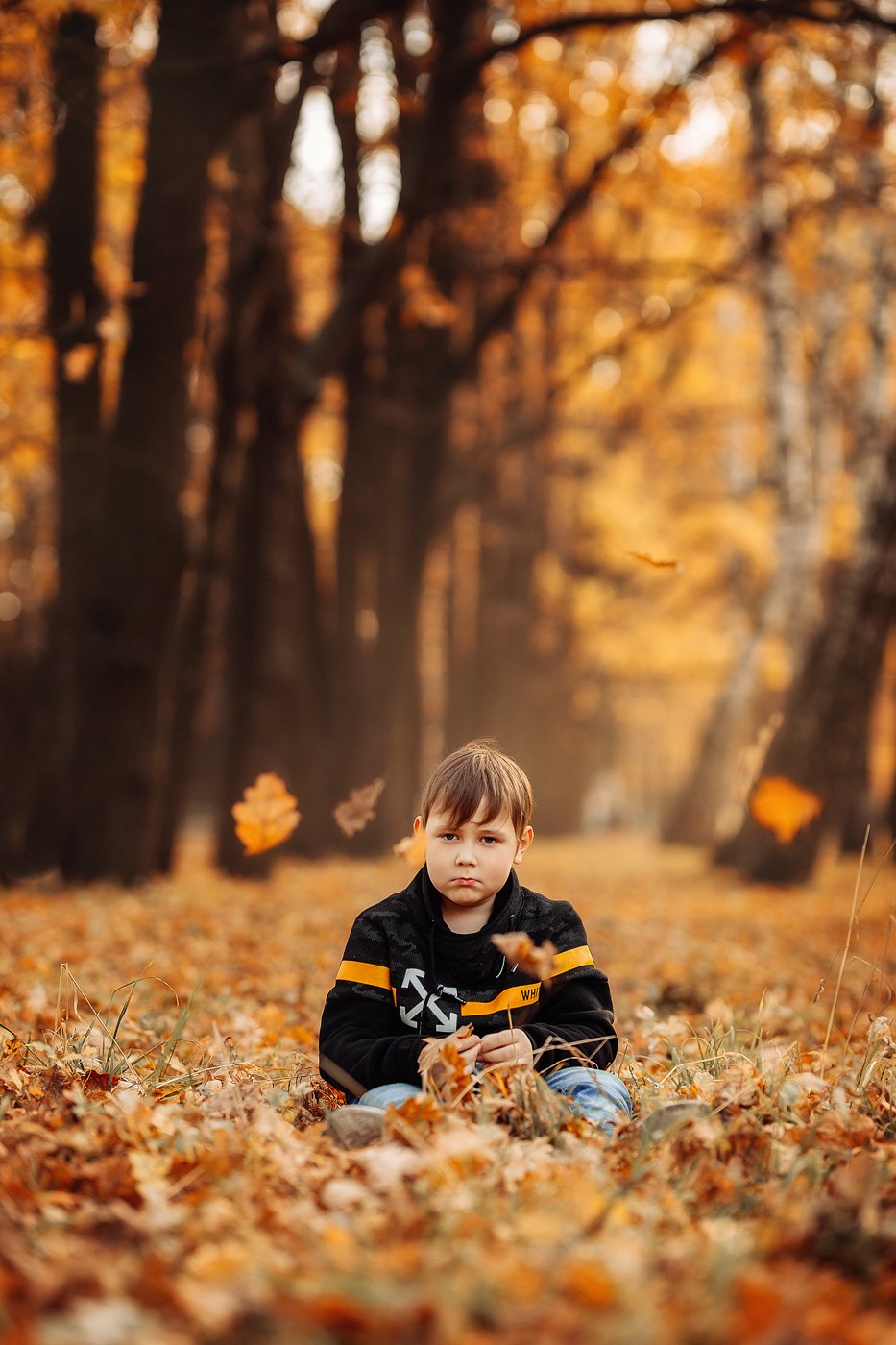 мальчик, ребенок, грусть, печаль, осень, оранжевый, желтый, парк, перспектива, листья, дуб, Ангелина Косова