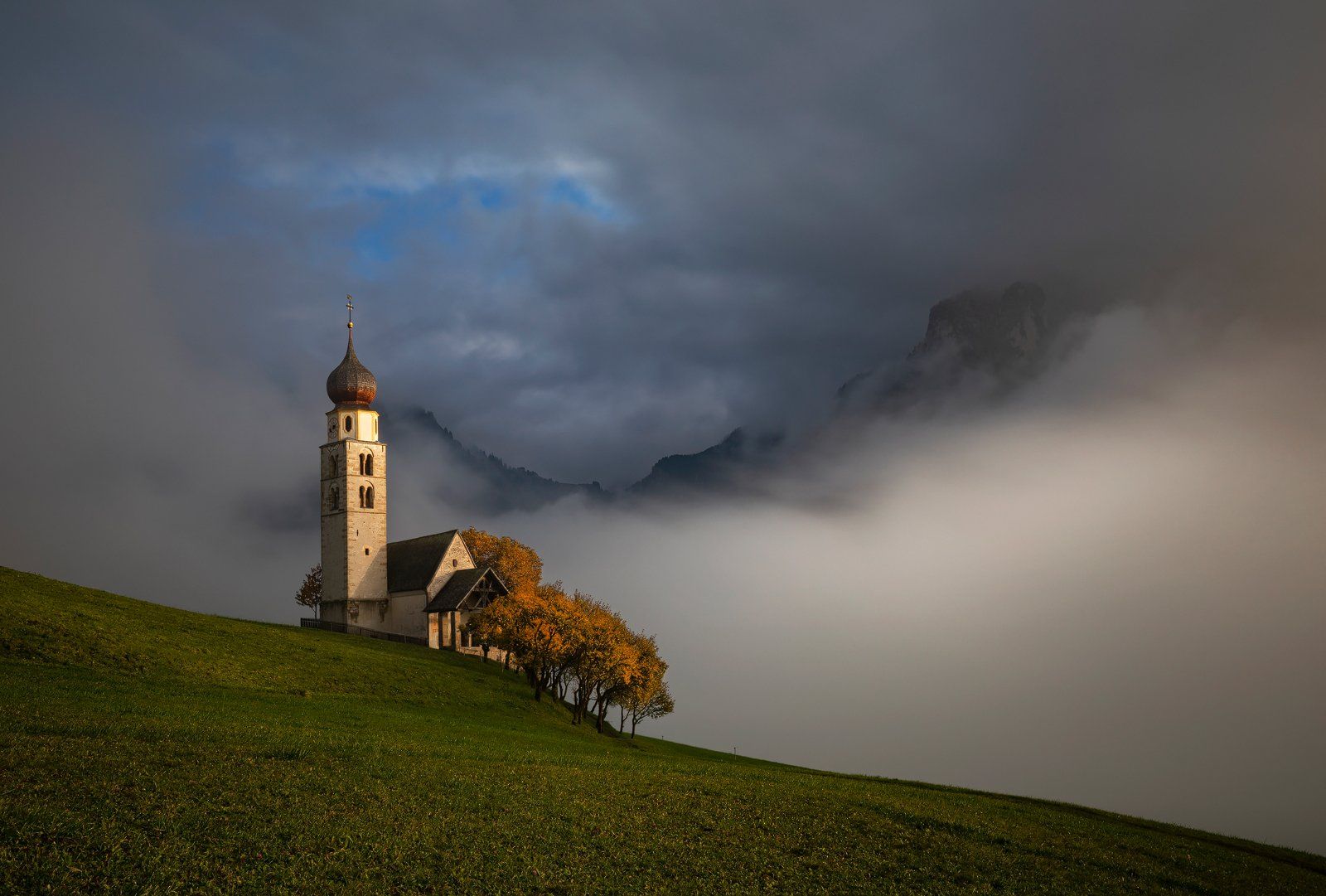 mountains, dolomites, italy, sunset, landscape, nature, travel, autumn, peak, clouds, church, Lazar Ioan Ovidiu