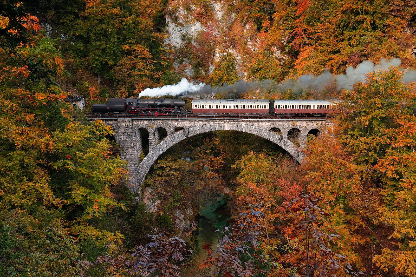 autumn, train, trees, bridge, gorge, colors, trip, slovenia, morning,, Jacek Lisiewicz
