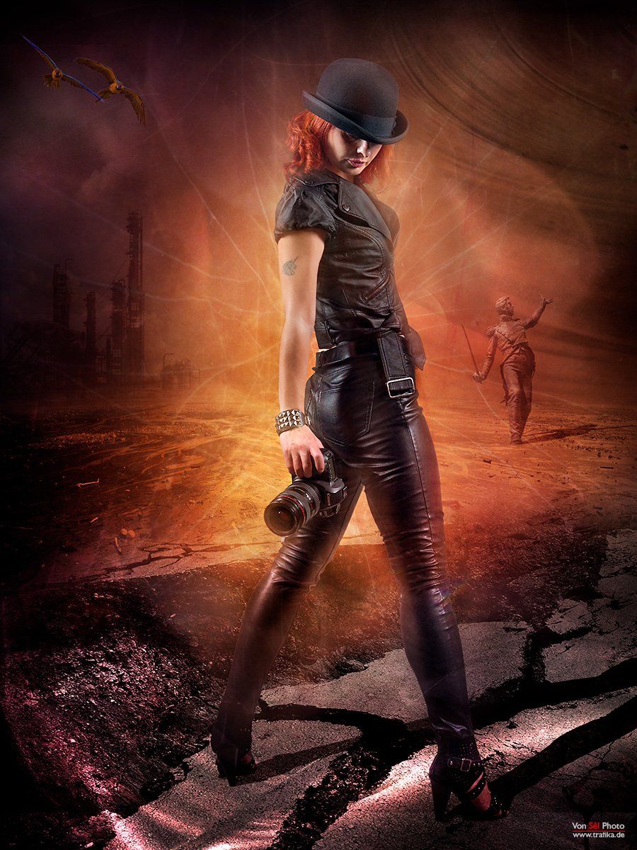 girl, camera, hat, leather clothing, desert, soldier, ruins, red hair, Von Sel