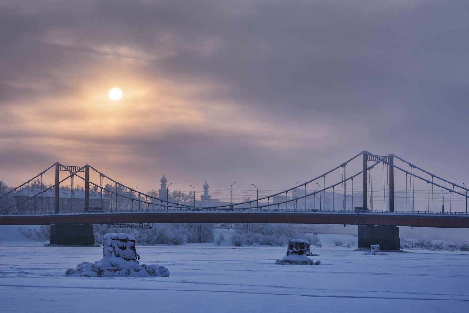 зима, день, полярный, река, мост, небо, солнце, архангельск, Ра Вера