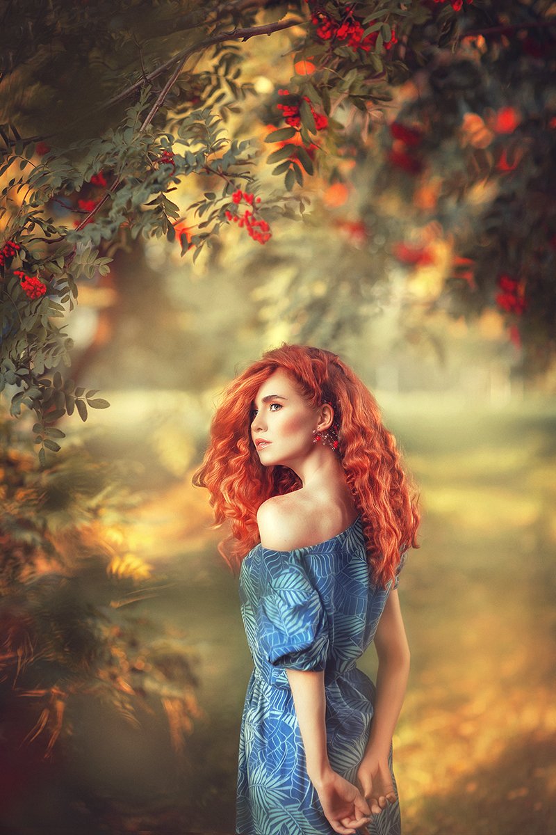 рябины, лес, осень, рыжая, рыжая девушка, красные волосы, рыжие волосы, синее платье, осенний лес, портрет, токая, нежная , Настя Саврицкая
