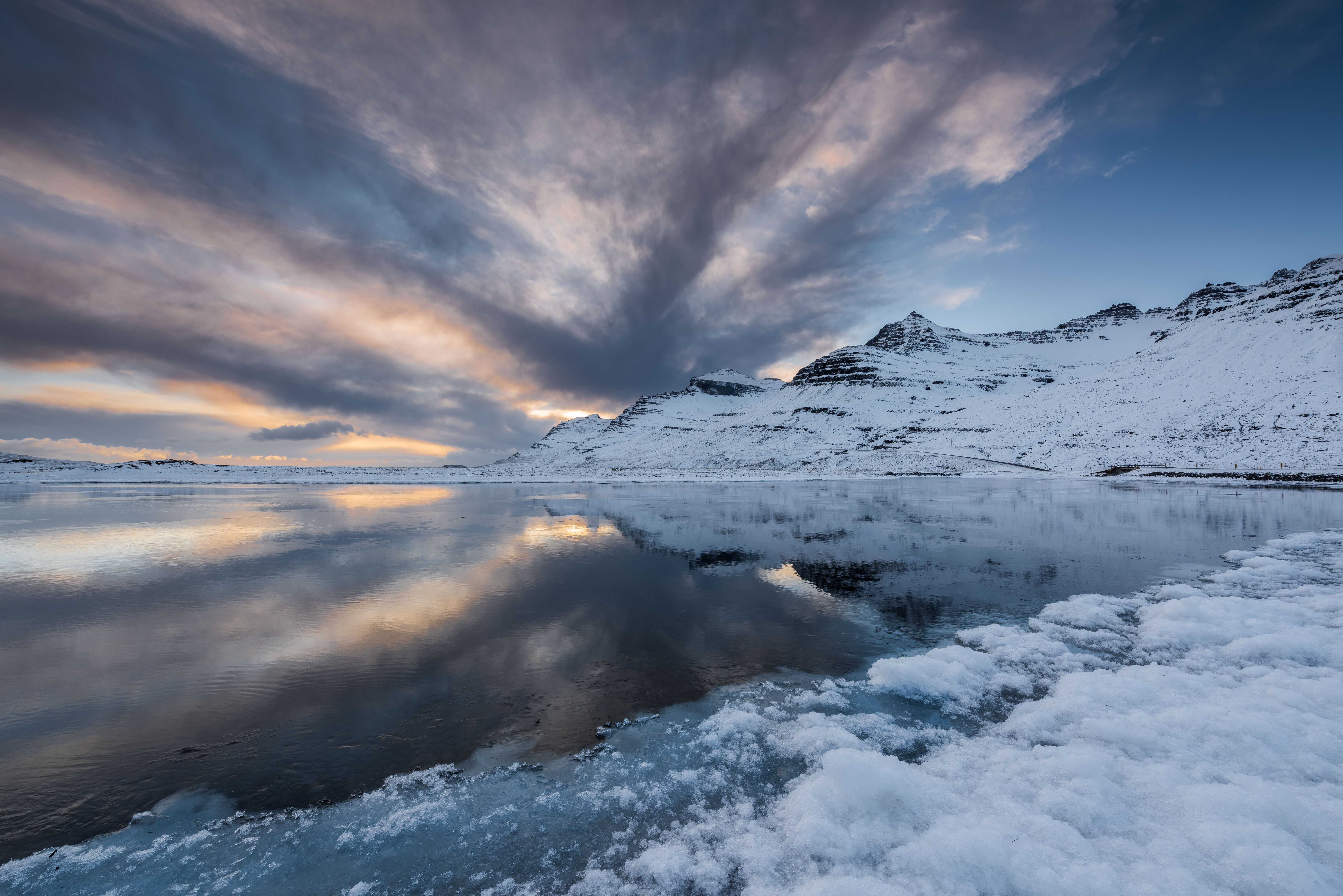исландия, зима, снег, гора, лед, облака, море, рассвет,, Haim Rosenfeld