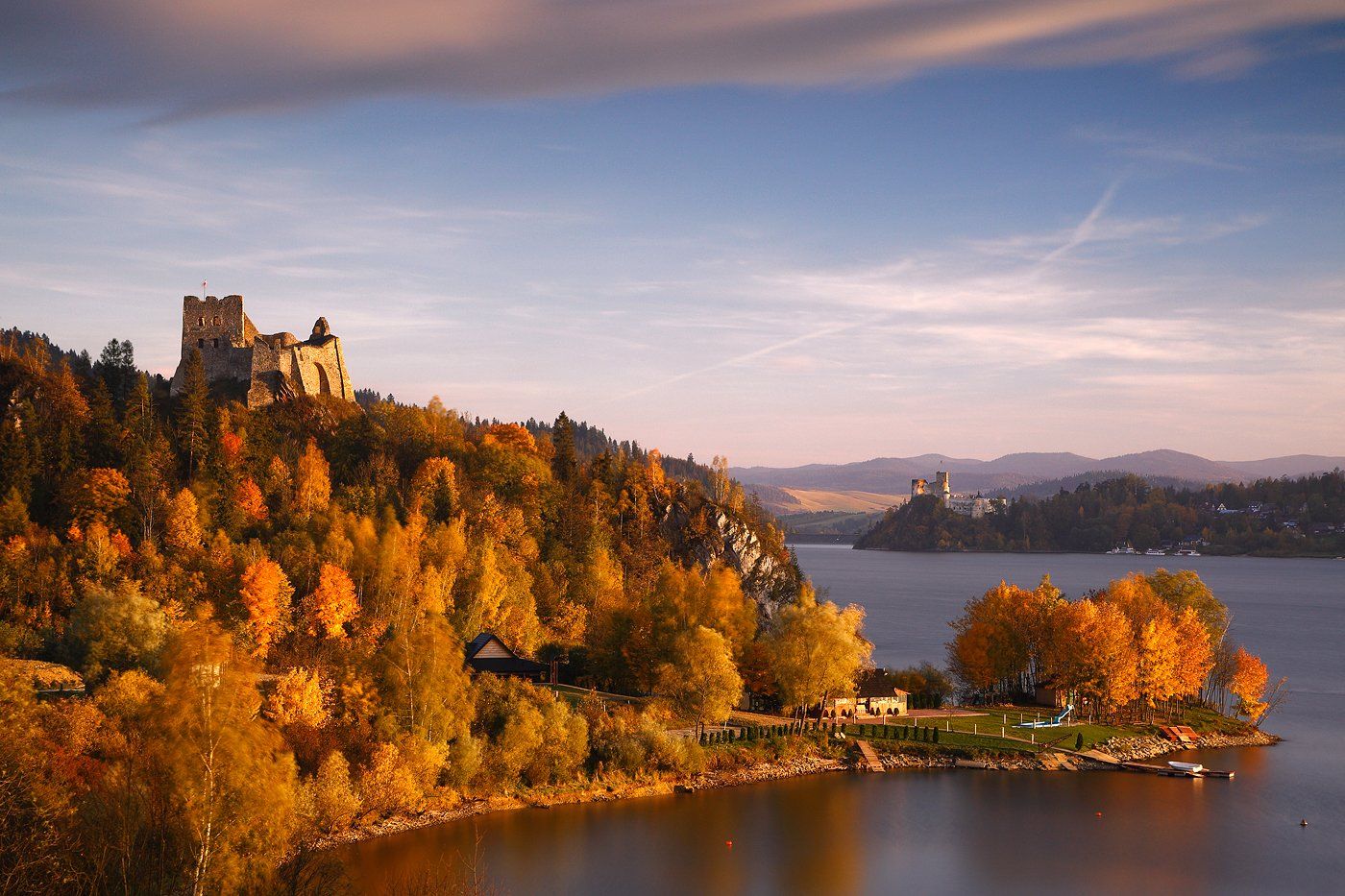 autumn, lake, water, yellow, tree, leaf, colour, sunset, castle,, Jacek Lisiewicz
