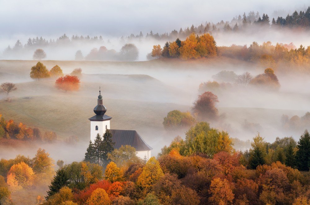 slovakia, morning, autumn, foggy, mood, landscape, sunrise, church, Radoslav Cernicky
