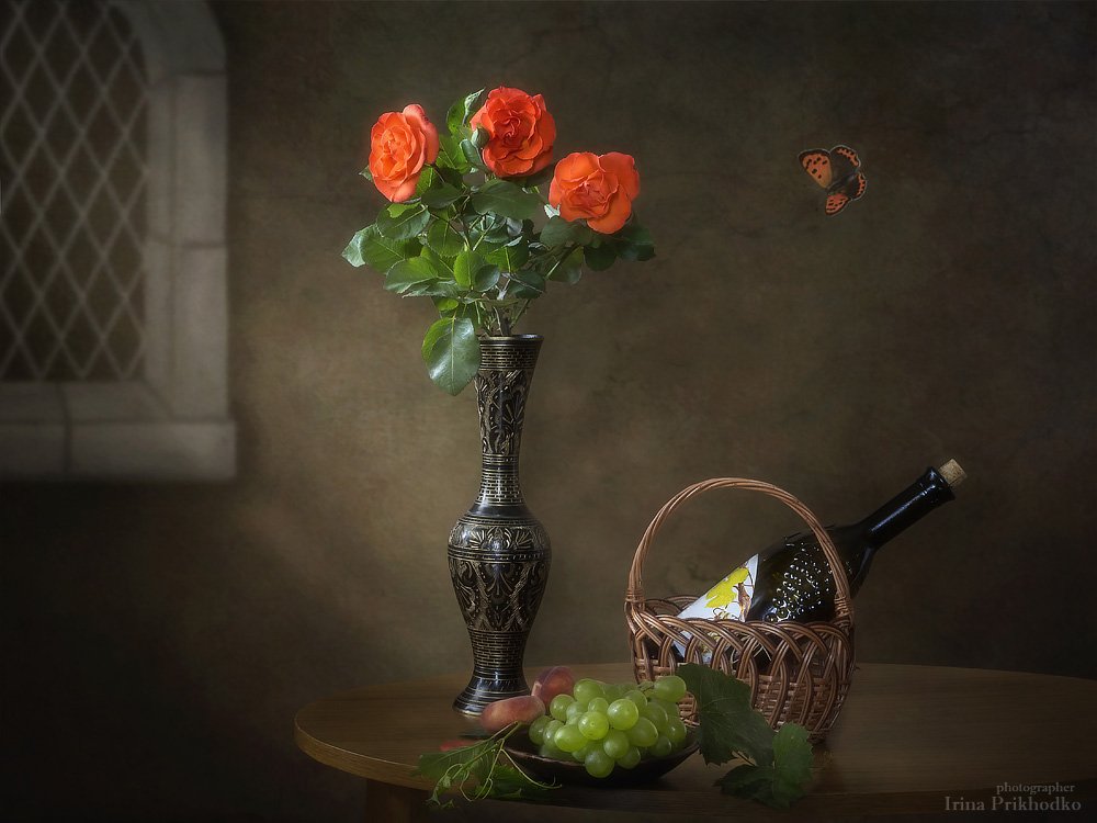 натюрморт, винтажный, цветочный, вино, фрукты, розы, Ирина Приходько
