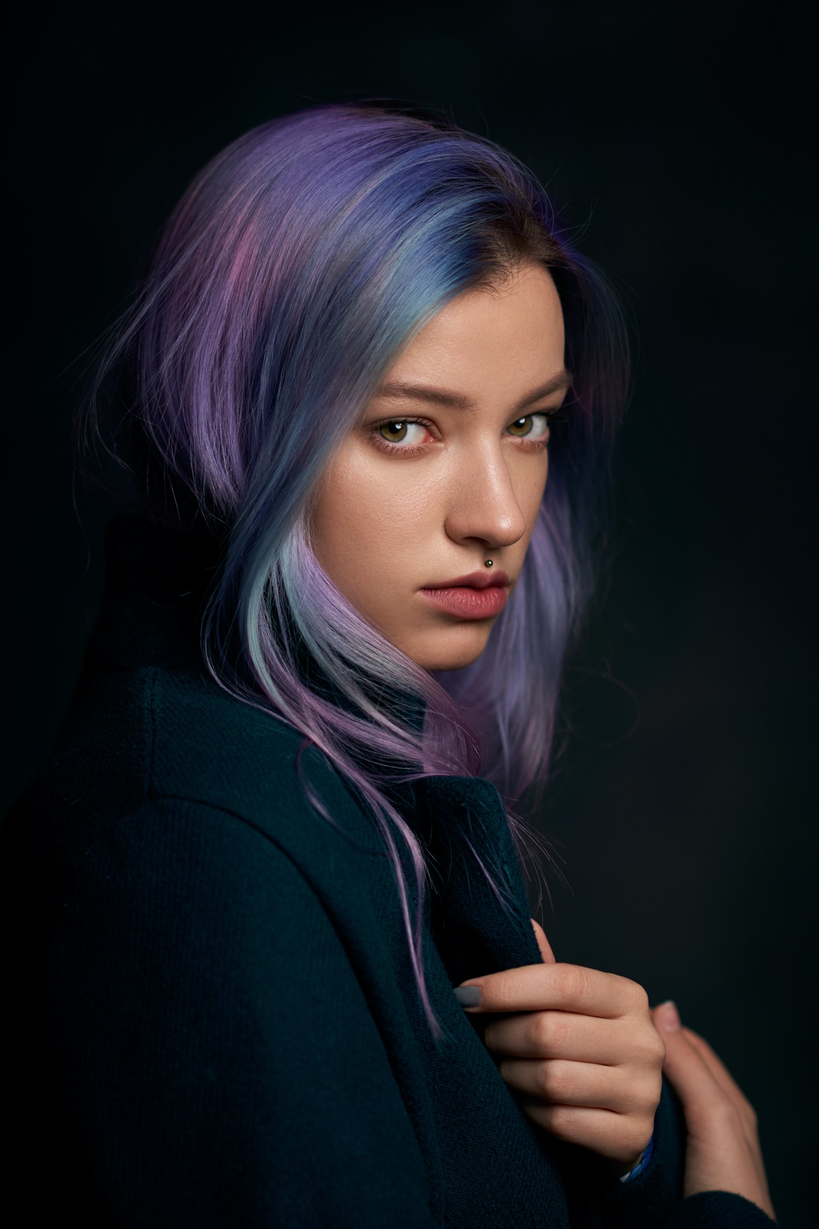 portrait, girl, lowkey, black, beautiful, pretty, eyes, lips, purple hair, blue hair, Наташа Высоцкая