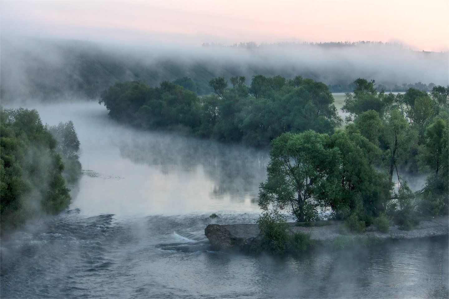 туман, река, перекат, утро, Будин Николай