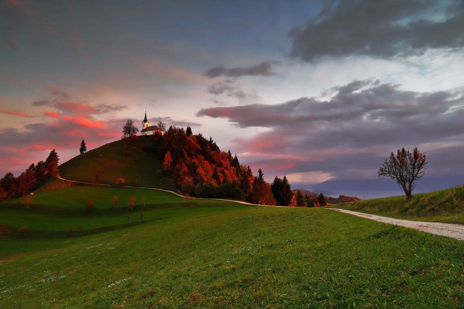 slovenia, morning, sunrise, light, autumn, color, church, hill, tree, road, sky, cloud,, Jacek Lisiewicz