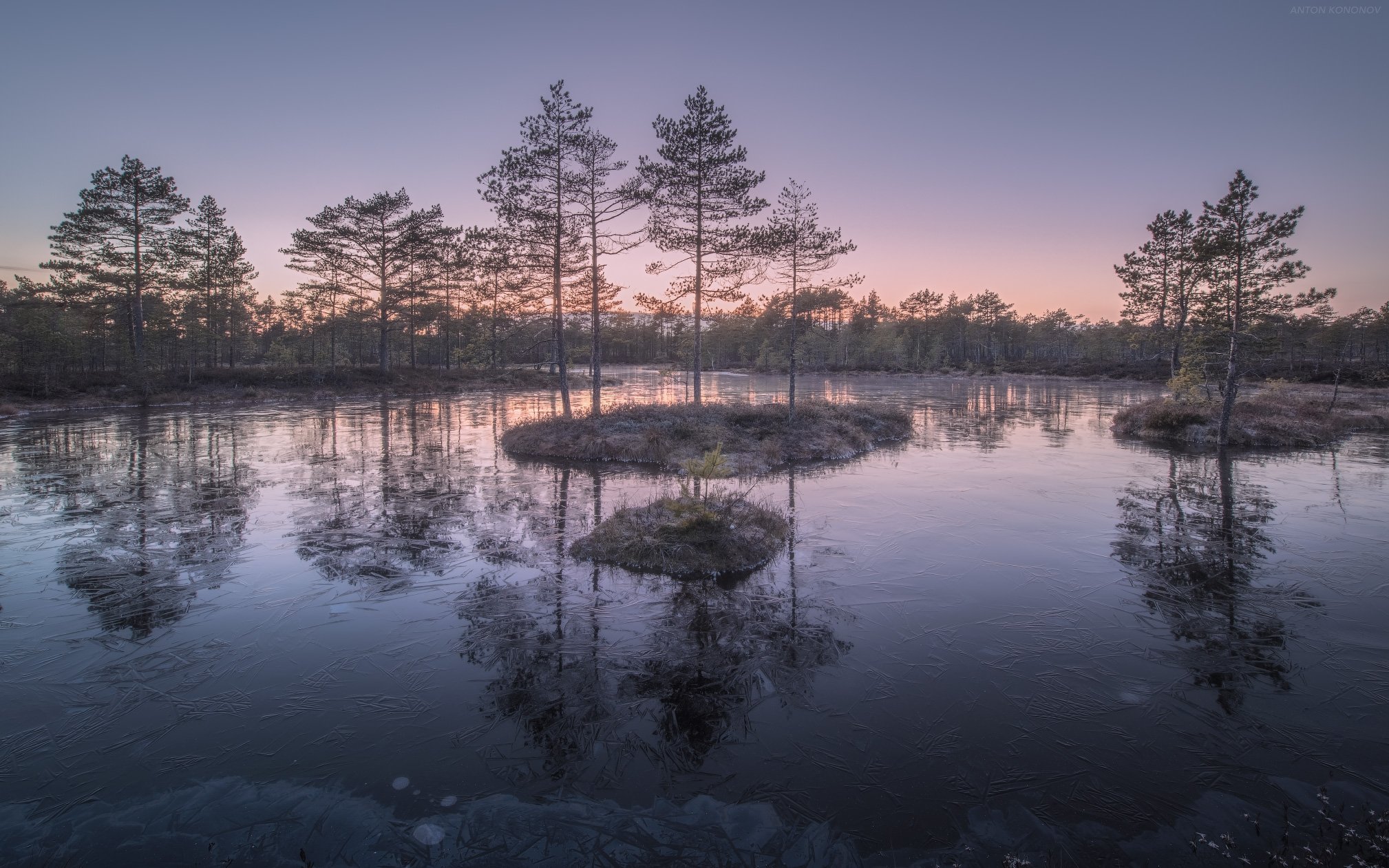 болото, закат, лёд, отражение, Антон Кононов