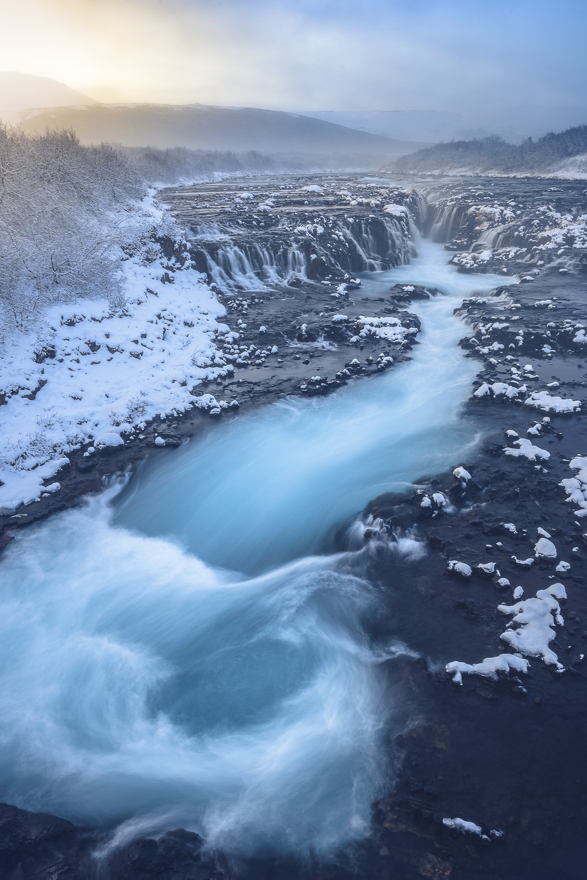 Iceland, waterfall, river, snow, frozen, ice, sunset, Eduardo Fuster Salamero