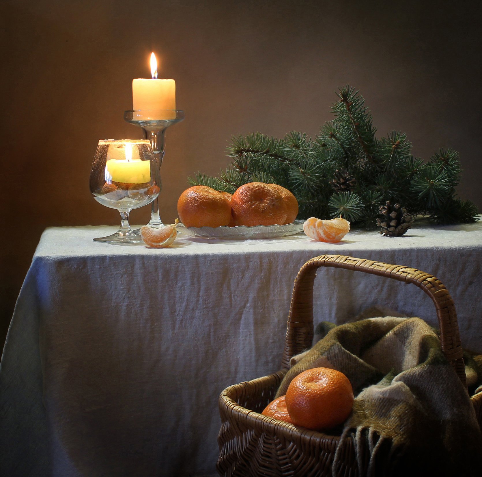 натюрморт, зима, елка. мандарины, свечи, Ковалева Светлана