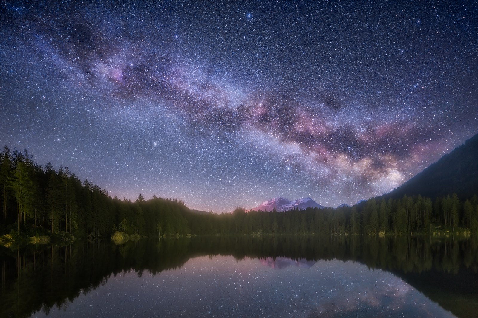 Bavaria, Berchtesgaden, Cloudless Night, Forest, Galaxy, germany, Hintersee, lake, Milky Way, Mountain Range, mountains, Night, Ramsau, Reflections, Rocks, Snow, snow-capped, snow-covered, starred, Starry, Starry Night, Stars, star-sprangled, trees, Water, Ludwig Riml