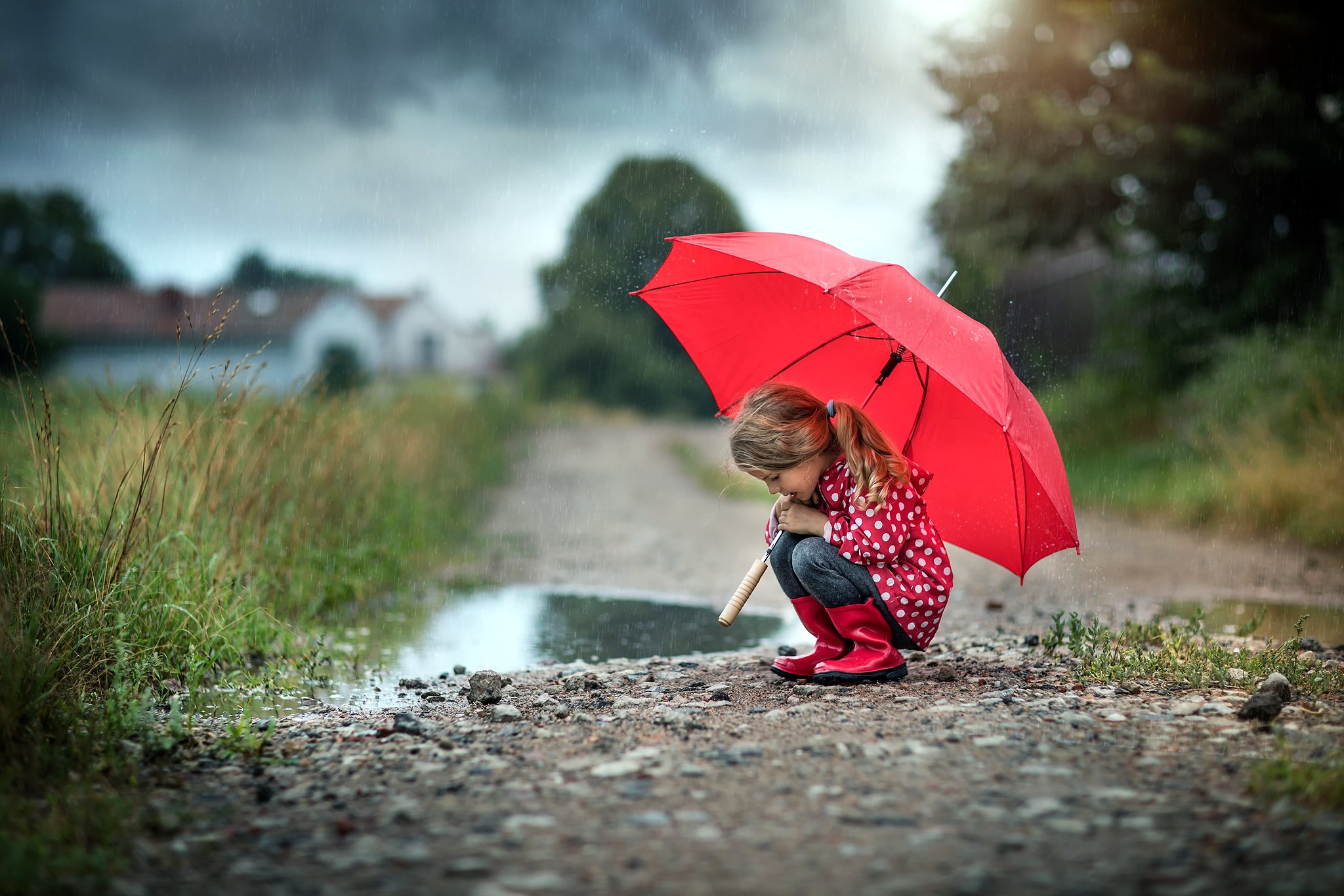 в дождливый день rainy day little girl cute umbrella red road path water, Radoslaw Dranikowski