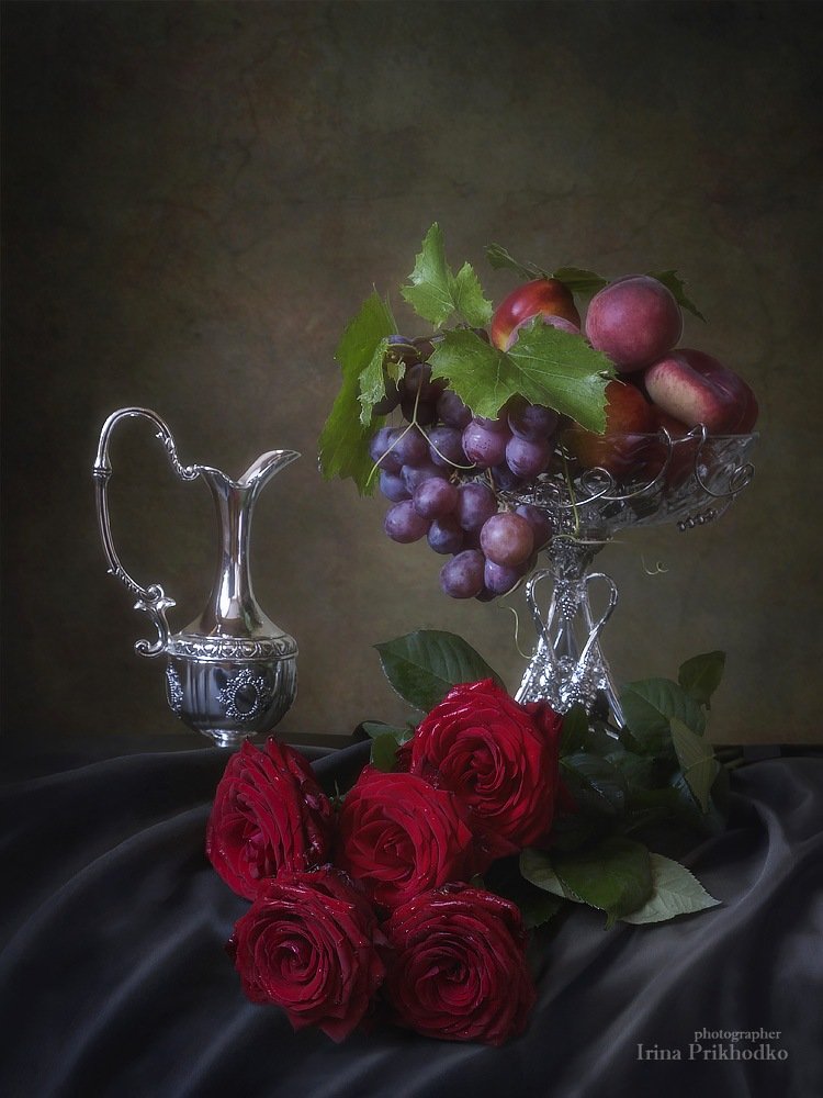 натюрморт, винтажный, ретро, розы, ваза, фрукты, Ирина Приходько