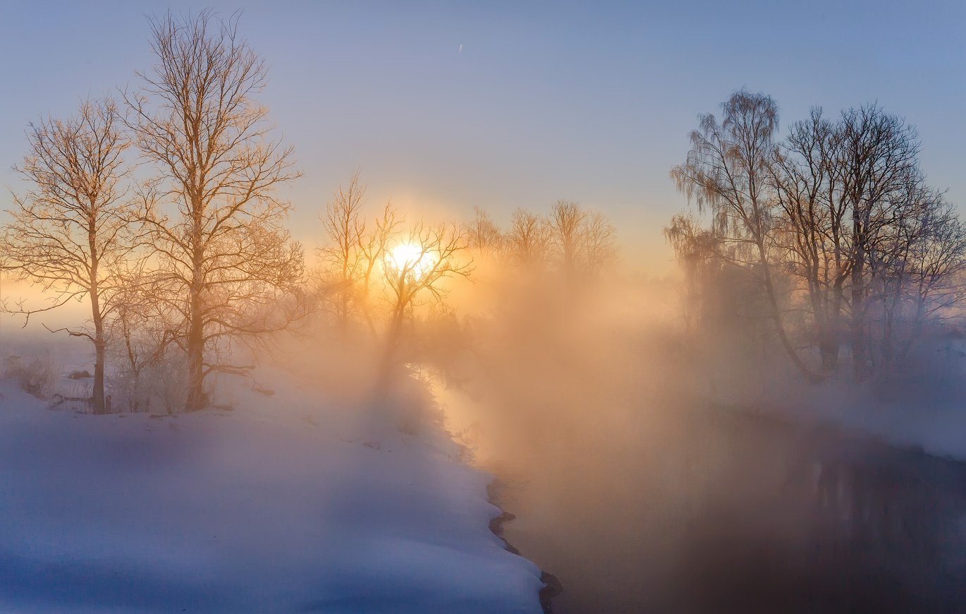 утро, зима, туман, солнце, рассвет, река, Виктор Климкин