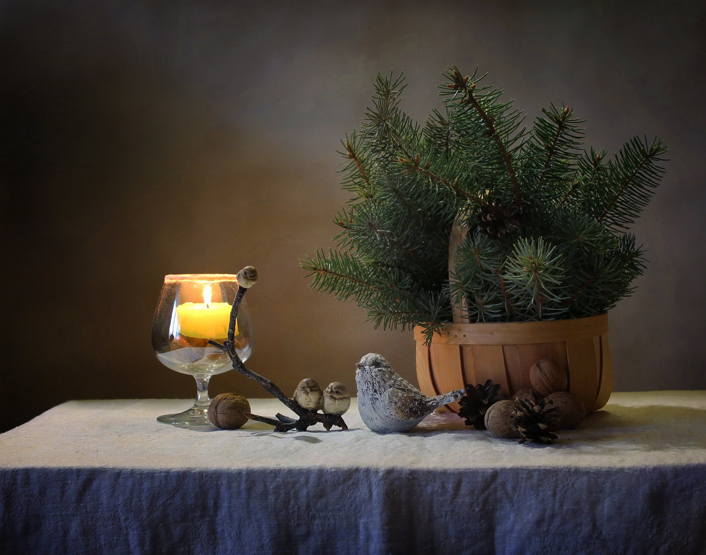 зима, натюрморт, новый год, елка, птички, свеча, Ковалева Светлана
