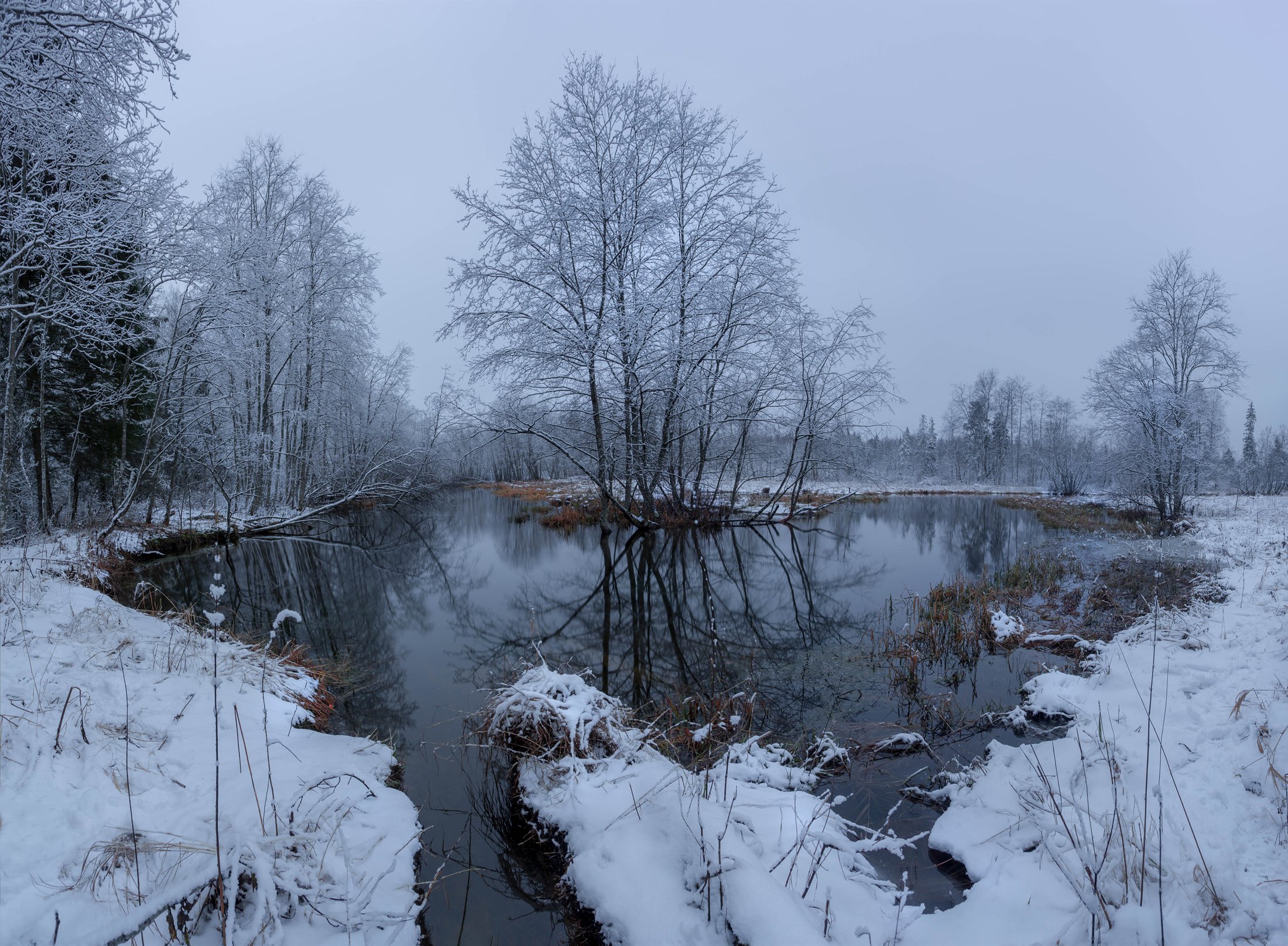 река, зима, вечер,  сумерки ,панорама, лес, снег, Павел Ващенков