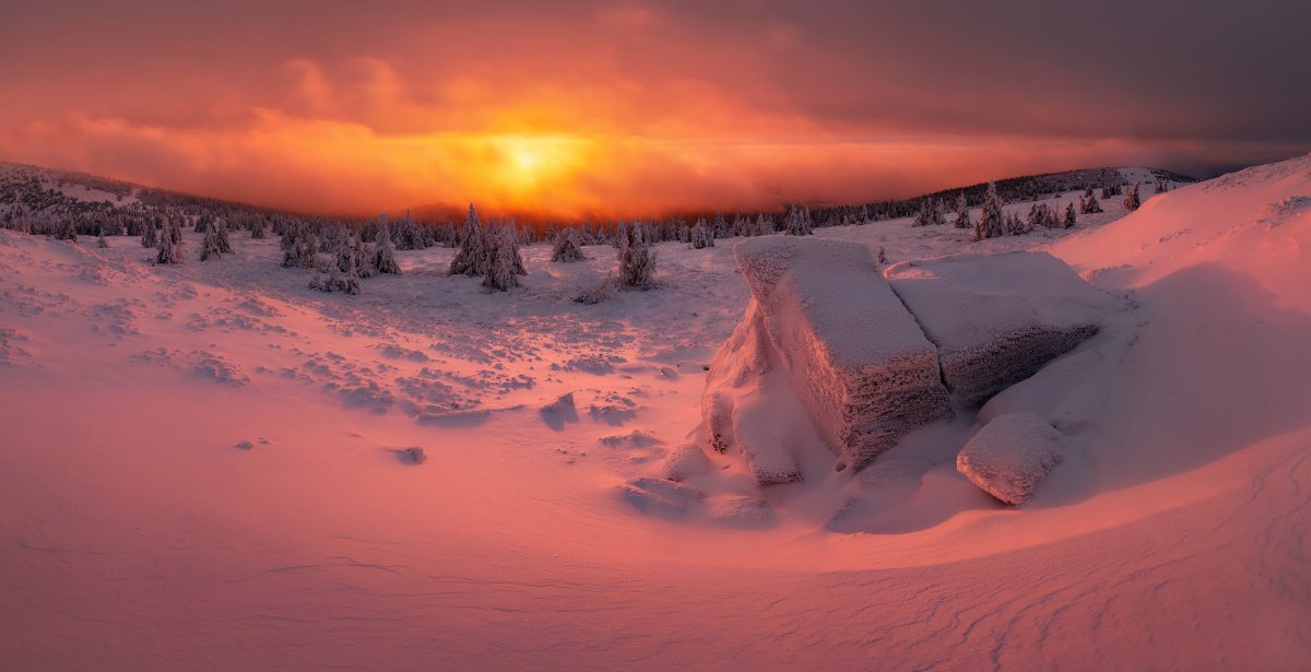 landscape, tree, sunrise, winter, panorama, rocks, Petr Fiala