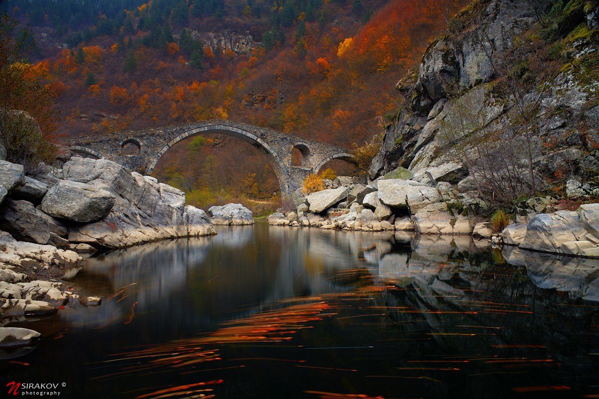 landscape, bridge, autumn, tears, leaves, water, river, mountain, forest, colors, bulgaria, ardino, nsirakov, Nikolay Sirakov