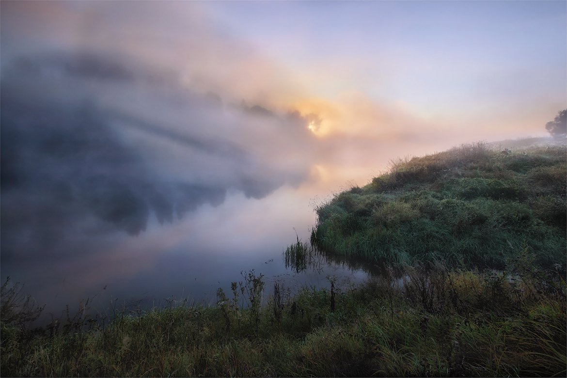 утро, река, туман, рассвет, Сергей