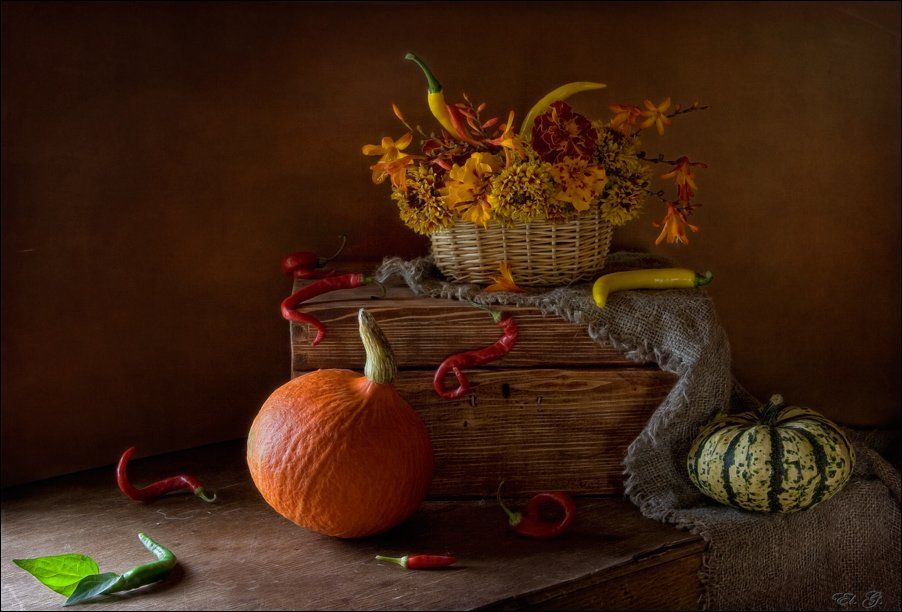 autumn, still, life, red, pepper, pumpkin, flower, basket, casket, натюрморт, осень, рыжий, перец, тыква, цветы, корзинка, шкатулка, El. G.