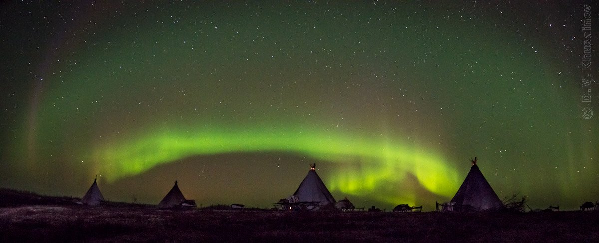 aurora borealis, северное сияние, север, ночной пейзаж, чумы, Danil Husainov